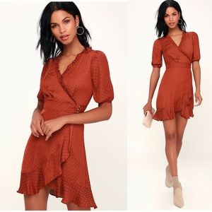 🆕 Rust Red Polka Dot Satin Wrap Dress